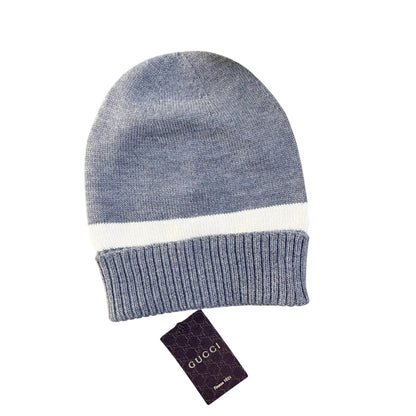 NWT & Box Gucci New Port Web Stripe Knit 100% Wool Beanie Hat Gray & White