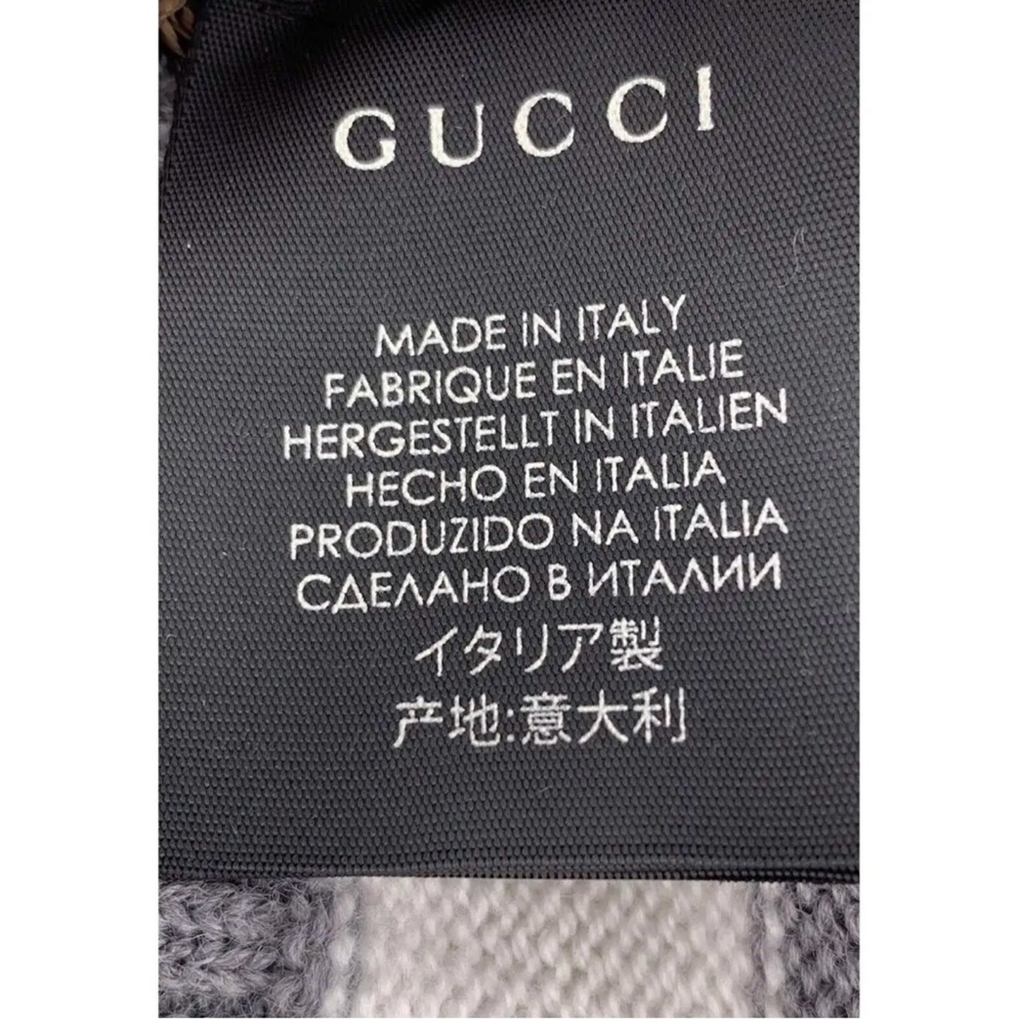 NWT & Box Gucci New Port Web Stripe Knit 100% Wool Beanie Hat Gray & White