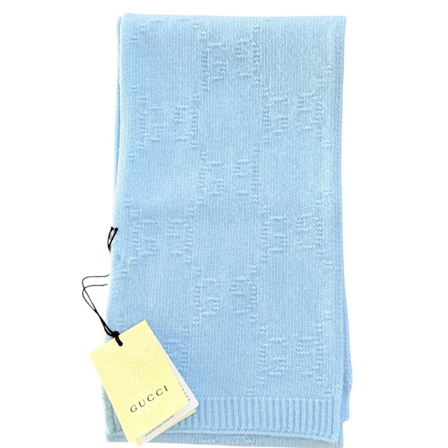 NWT with Box Gucci GG Wool Scarf in Baby Blue – 100% Wool, Made in Italy,