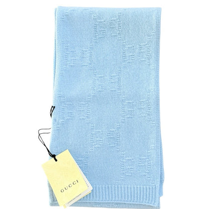 NWT with Box Gucci GG Wool Scarf in Baby Blue – 100% Wool, Made in Italy,