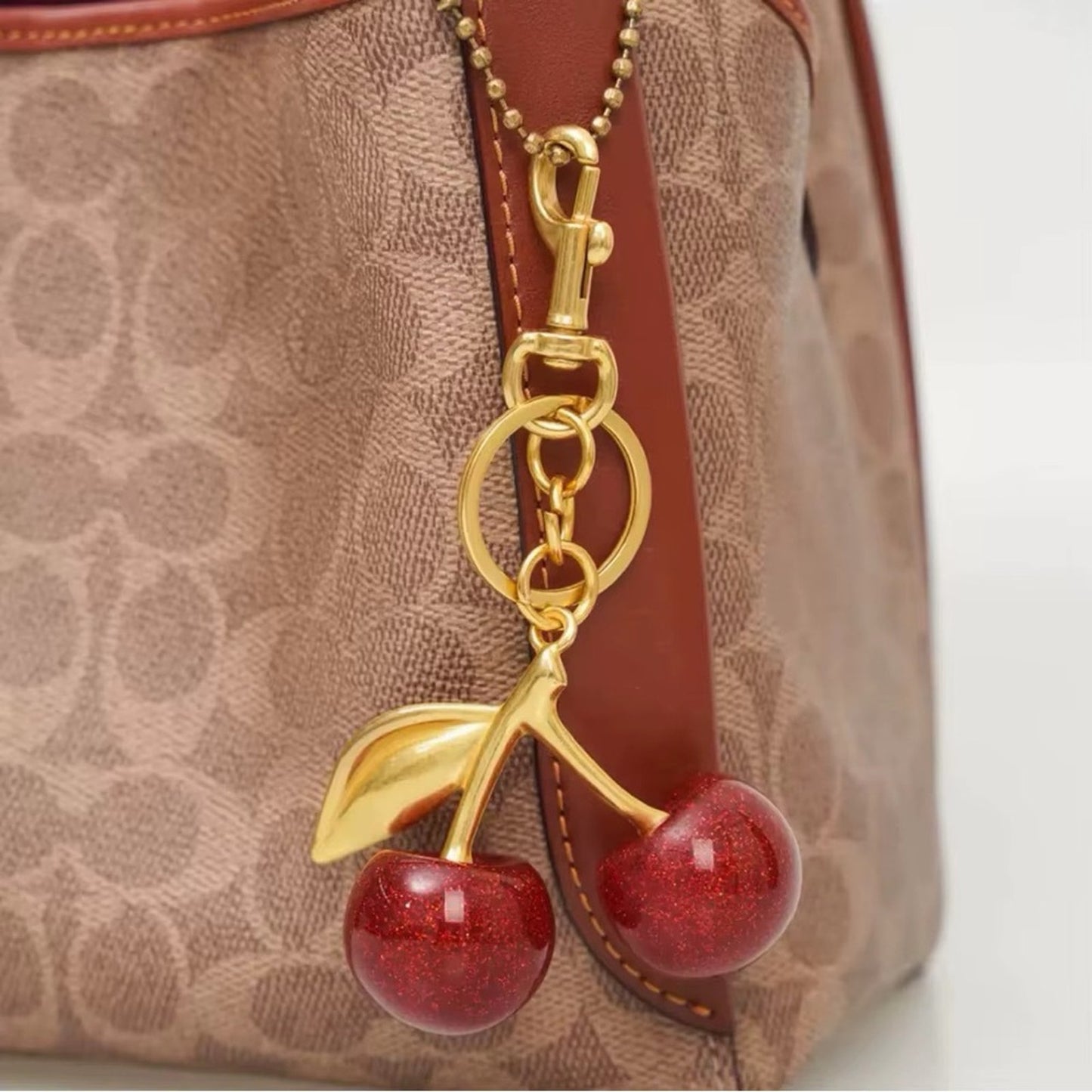 Red Glitter Cherry Bag Charm Keychain | Purse Charm with Gold Hardware