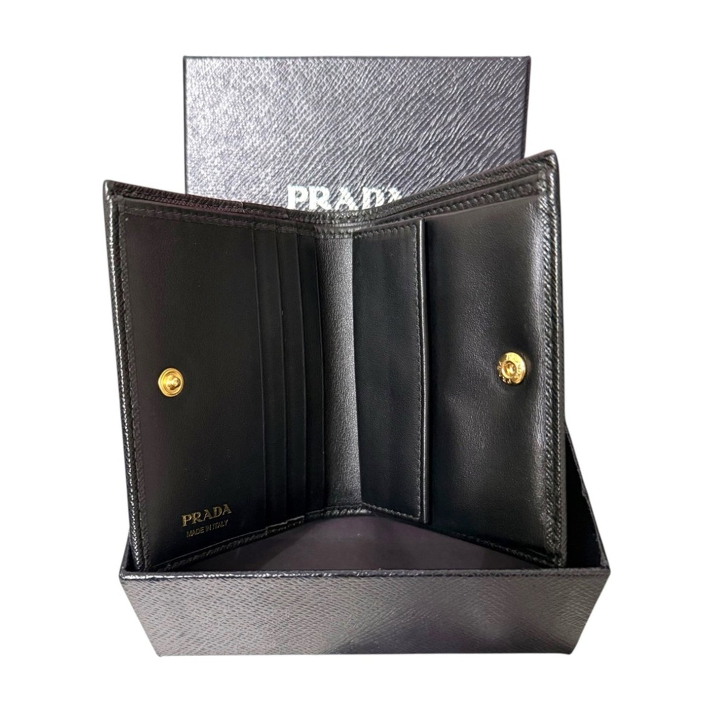 Authentic NWOT Prada Black Saffiano Leather Monochrome Compact Wallet w/ Box
