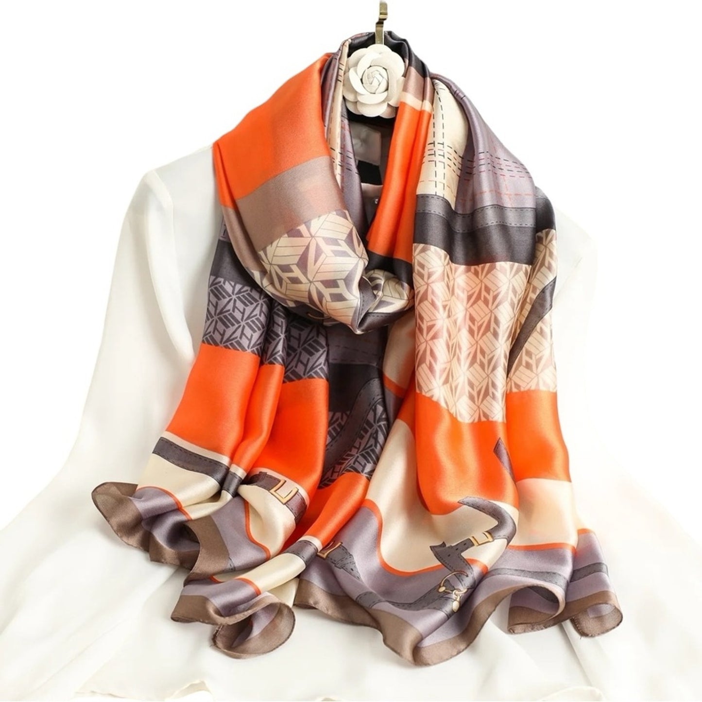 Purple & Charcoal Equestrian Silky Satin Scarf Shawl Wrap Oversized Lightweight