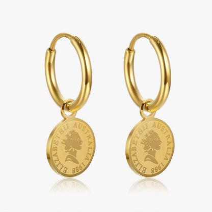 18K Gold-Plated Stainless Steel Gold Coin Hoop Earrings