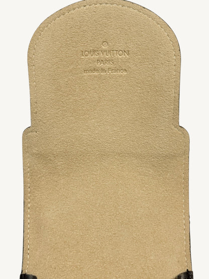 Louis Vuitton Monogram Étui Stylo Pen Case — close-up of Louis Vuitton Paris Made in France embossed stamp on suede lining | Shimmer & Shawls