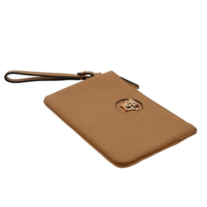 NWT Retail $1050 Versace Medusa Leather Wristlet Clutch – Tan