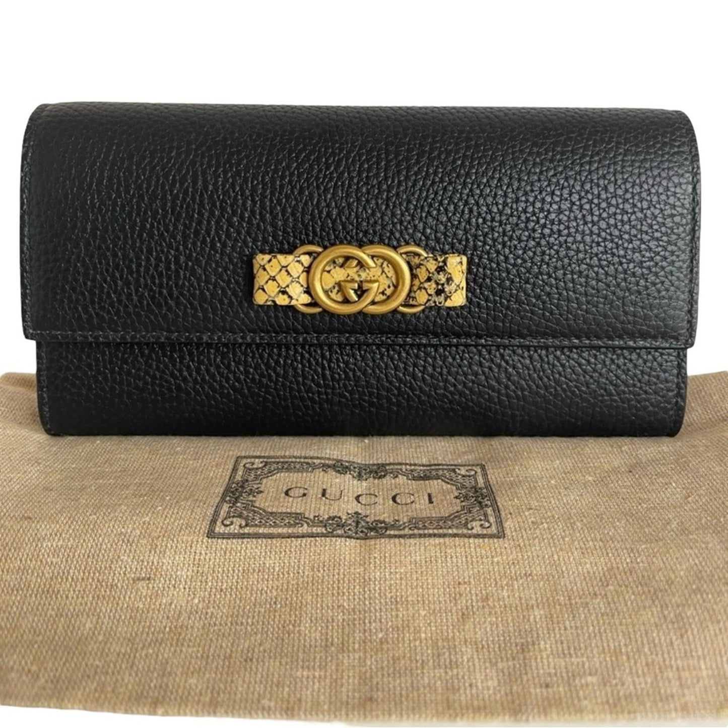 Like New Rare Gucci Python & Black Pebbled Leather Continental Wallet