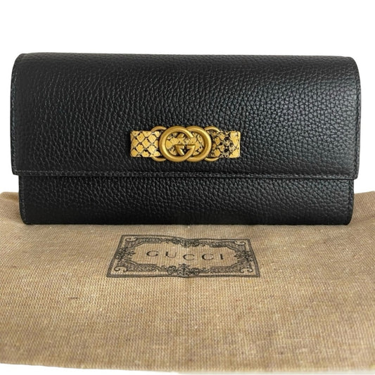 Like New Rare Gucci Python & Black Pebbled Leather Continental Wallet