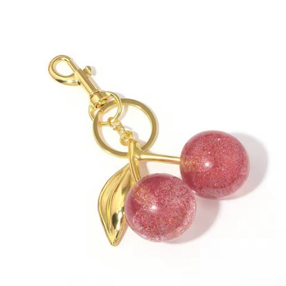 Pink Glitter Cherry Bag Charm Keychain | Sparkly Purse Charm with Gold Hardware