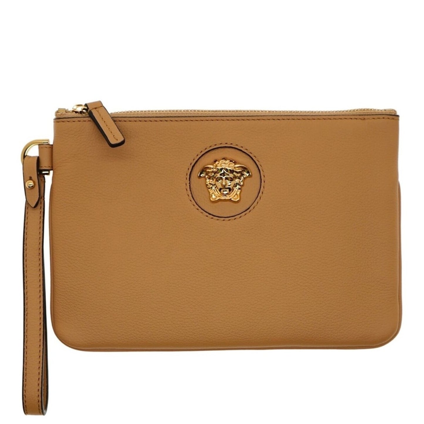 NWT Retail $1050 Versace Medusa Leather Wristlet Clutch – Tan