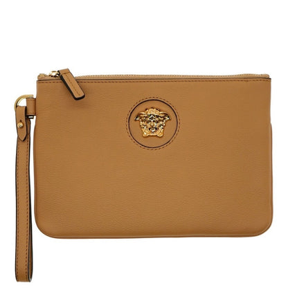 NWT Retail $1050 Versace Medusa Leather Wristlet Clutch – Tan