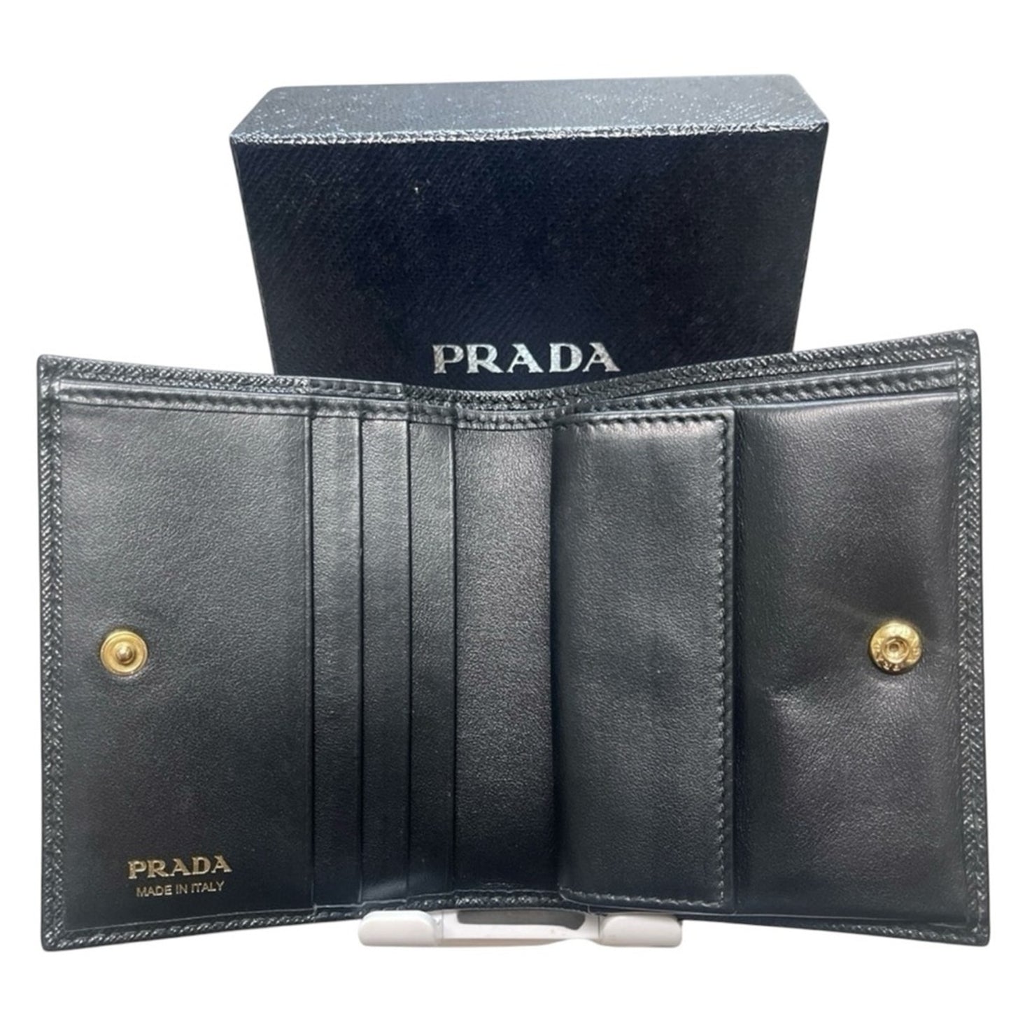 Authentic NWOT Prada Black Saffiano Leather Monochrome Compact Wallet w/ Box