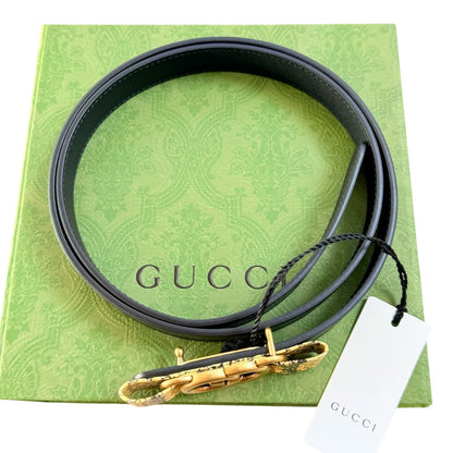 NWT & Box Gucci Black Leather Belt with Python-Wrapped Interlocking G Buckle