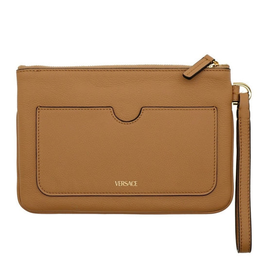 NWT Retail $1050 Versace Medusa Leather Wristlet Clutch – Tan