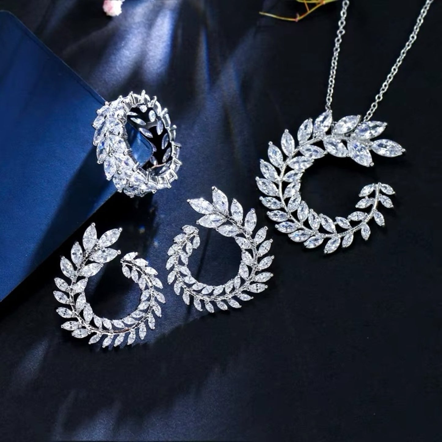 4 Pcs Set 925 Sterling Silver Cubic Zirconia Necklace, Earrings, Bracelet, Ring