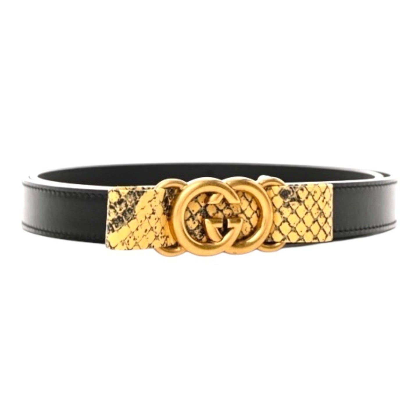 NWT & Box Gucci Black Leather Belt with Python-Wrapped Interlocking G Buckle