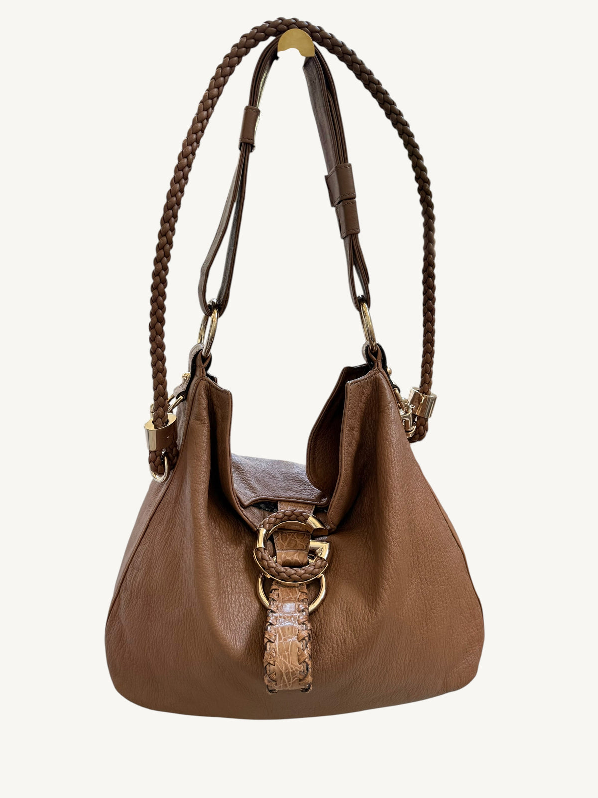 Gucci G Wave Large Hobo camel pebbled leather — front view with strap | Shimmer & Shawls
