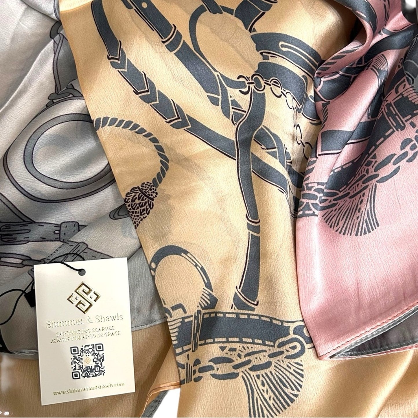 Pink Gray Equestrian Chain Silky Satin Scarf Shawl Wrap – Oversized Lightweight