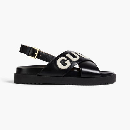 NWT Gucci Black & White Logo Appliqué Leather Slingback Sandals Size 36.5 EU/6.5