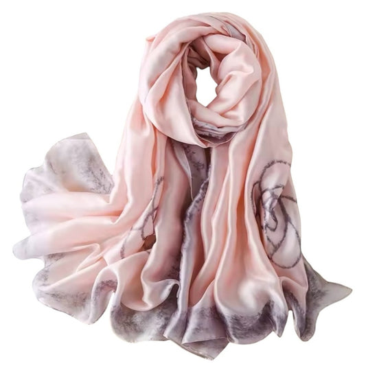 Blush Pink Floral Border Silky Satin Scarf Shawl Wrap – Oversized Lightweight