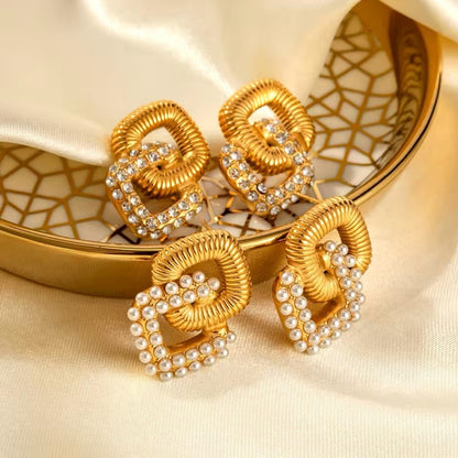 Vienna Links Pearl or Crystal 18k Gold Plated Stainless Steel Earrings