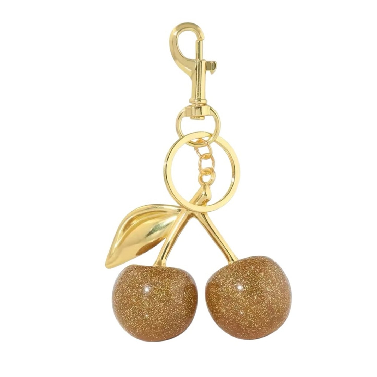Gold Glitter Cherry Bag Charm Keychain | Sparkly Purse Charm with Gold Hardware
