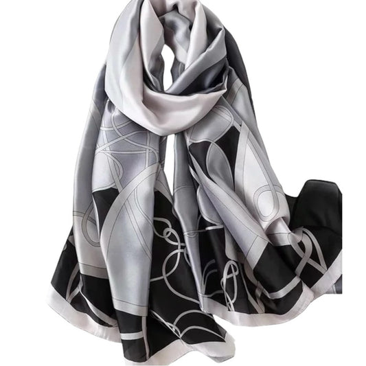 Black & Grey Abstract Silky Satin Scarf Shawl Wrap – Oversized Lightweight