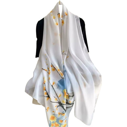 White Yellow Blossom Silky Satin Floral Scarf Shawl Wrap – Oversized Lightweight