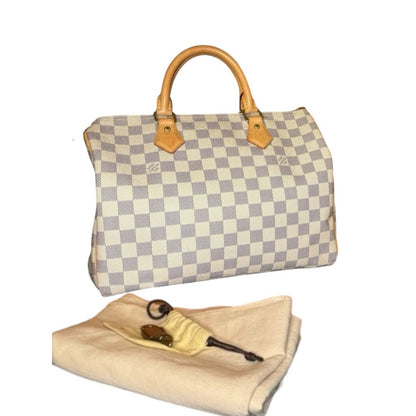Louis Vuitton Damier Azur Speedy 30 Bag in White and Tan Excellent Condition