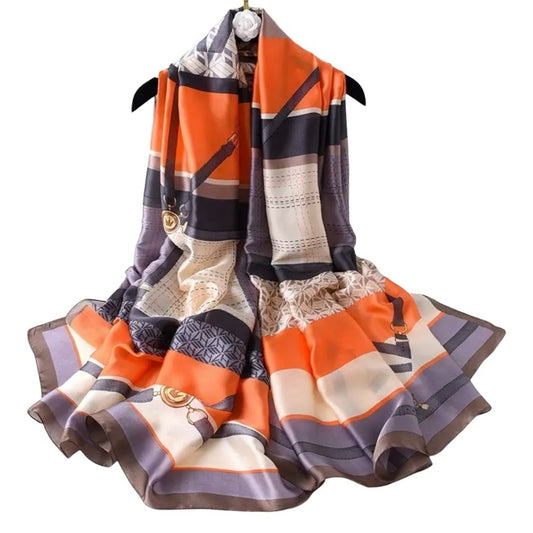 Purple & Charcoal Equestrian Silky Satin Scarf Shawl Wrap Oversized Lightweight