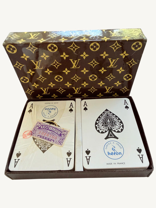 Vintage Louis Vuitton Playing Cards Set — interior view showing both decks with gold tan deck and original cellophane | Shimmer & Shawls