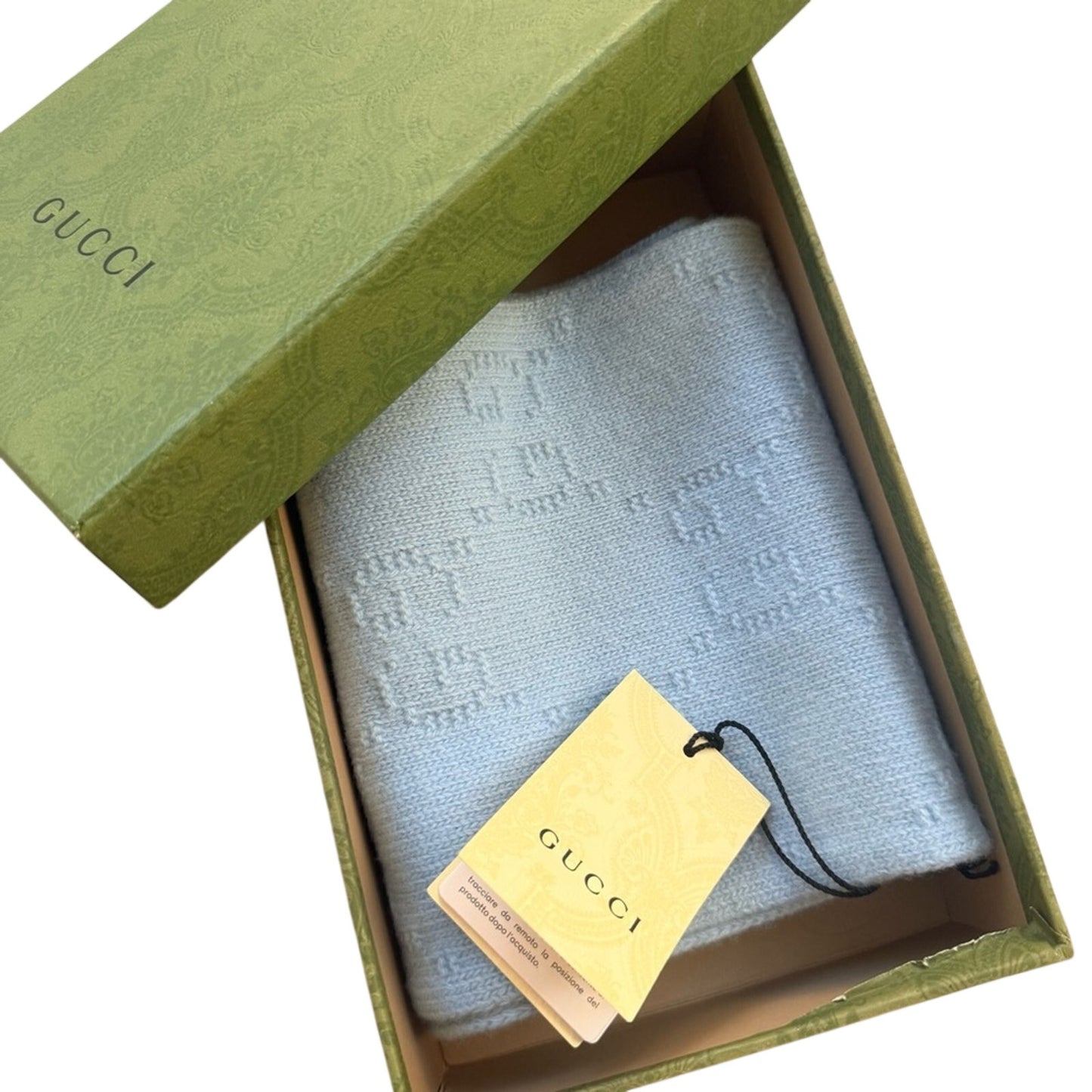 NWT with Box Gucci GG Wool Scarf in Baby Blue – 100% Wool, Made in Italy,