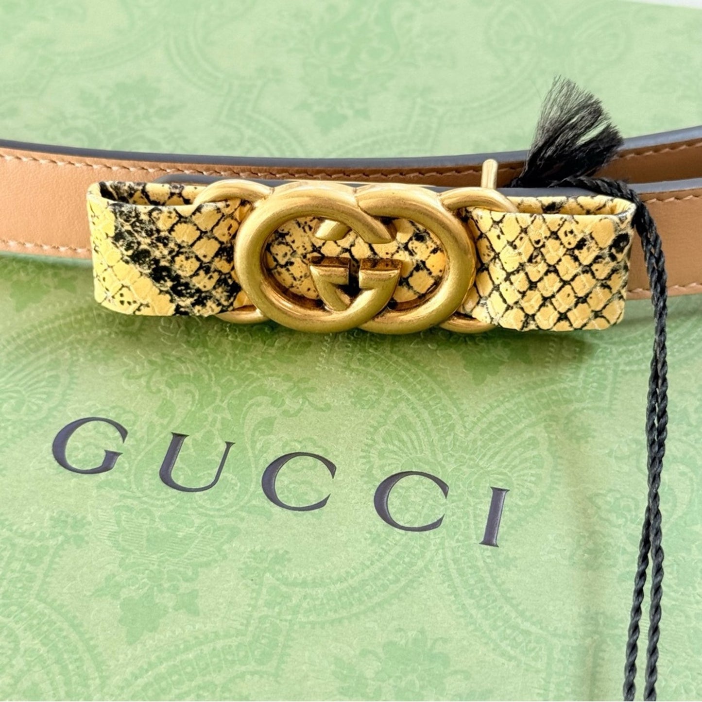 NWT & Box Gucci Beige Leather Belt with Python-Wrapped Interlocking G Buckle