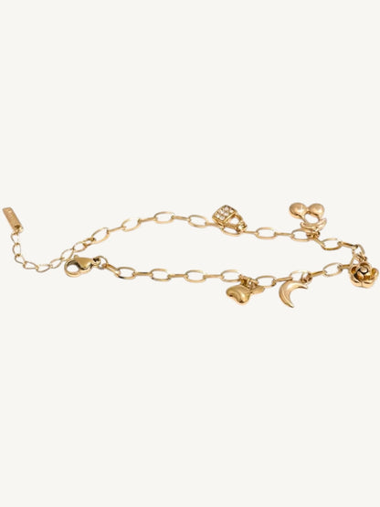 A delicate gold chain anklet featuring multiple small charms, including a crescent moon, a rose, a heart, and a small animal figure, displayed on a clean off-white background.