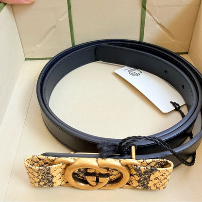 NWT & Box Gucci Black Leather Belt with Python-Wrapped Interlocking G Buckle