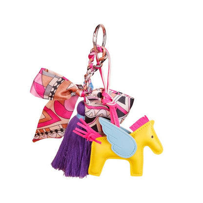 Purple & Yellow Winged Horse Silky Scarf & Tassel Bag Charm Keychain– PU Leather