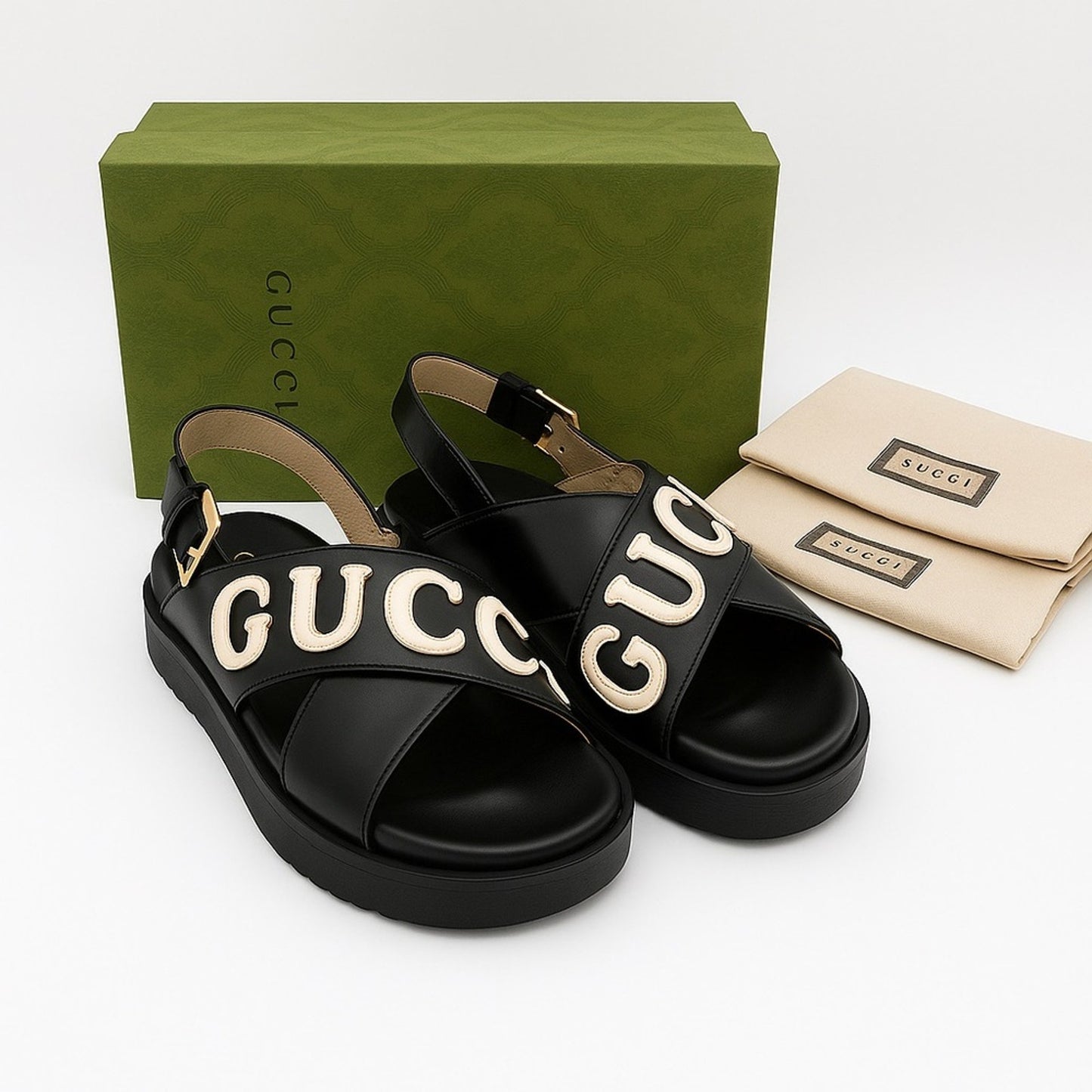 NWT Gucci Black & White Logo Appliqué Leather Slingback Sandals Size 36.5 EU/6.5