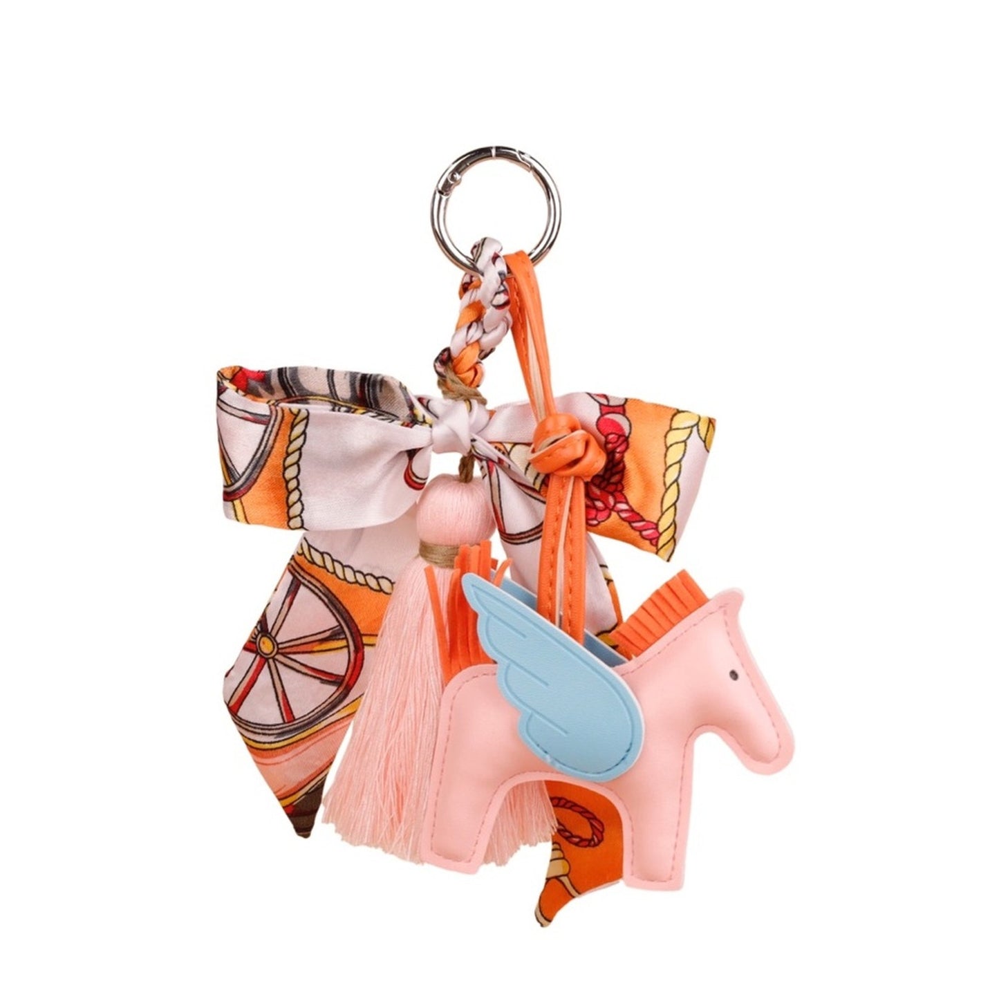 Pink & Orange Winged Horse Silky Scarf & Tassel Bag Charm Keychain– PU Leather