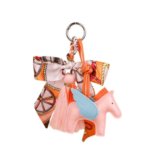Pink & Orange Winged Horse Silky Scarf & Tassel Bag Charm Keychain– PU Leather