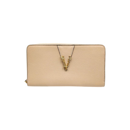 Versace Virtus Beige Leather Zip Around Wallet Gold Baroque V Logo Continental