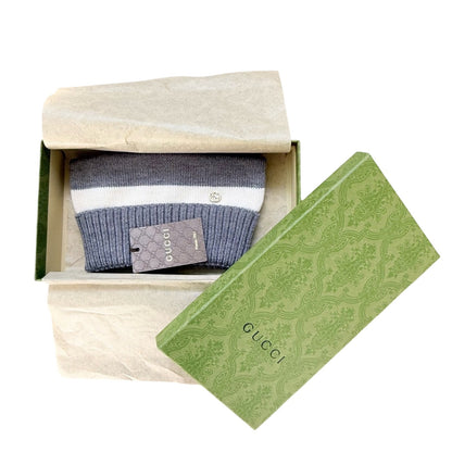 NWT & Box Gucci New Port Web Stripe Knit 100% Wool Beanie Hat Gray & White