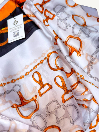 The Deauville – close up detail with Shimmer & Shawls hang tag showing equestrian print