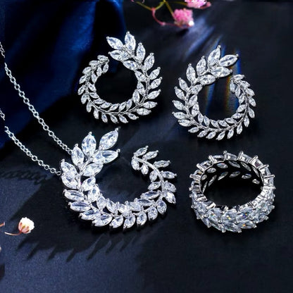 4 Pcs Set 925 Sterling Silver Cubic Zirconia Necklace, Earrings, Bracelet, Ring