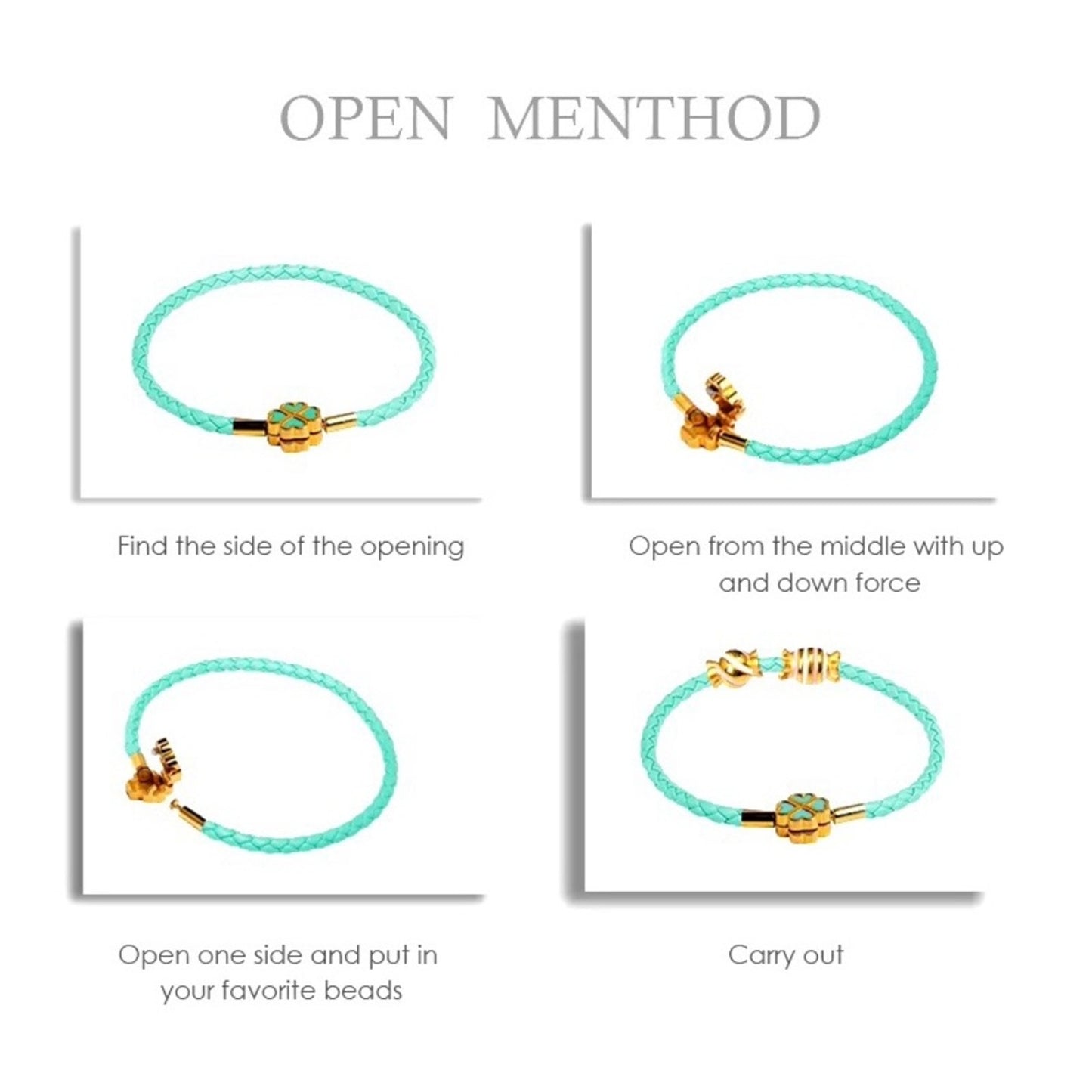 Genuine Woven Leather and Stainless Steel Four Leaf Clover Charm Bracelet