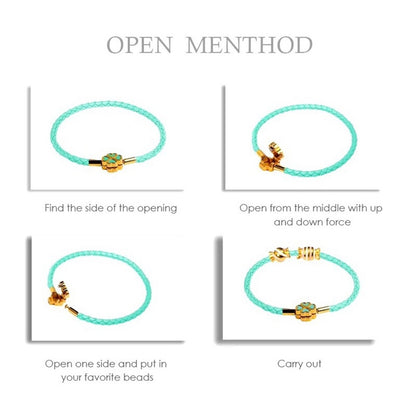 Genuine Woven Leather and Stainless Steel Four Leaf Clover Charm Bracelet