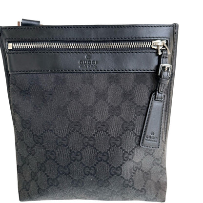 Gucci Black GG Canvas Crossbody Bag Unisex Italian Classic Silver Hardware