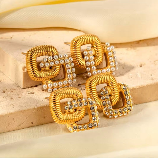 Vienna Links Pearl or Crystal 18k Gold Plated Stainless Steel Earrings