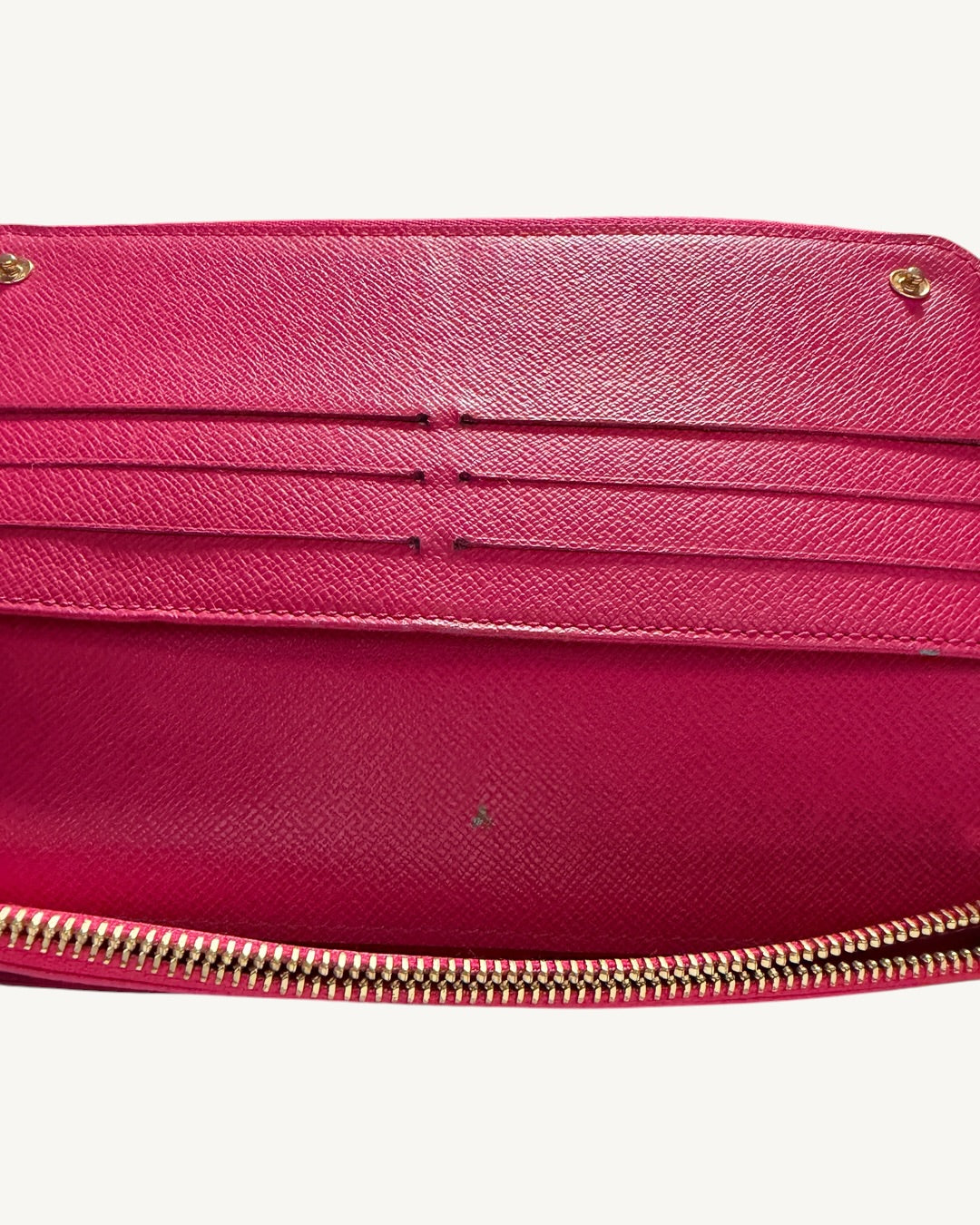 Close-up of pink leather card slots and the lower bill compartment showing a tiny cosmetic speck.