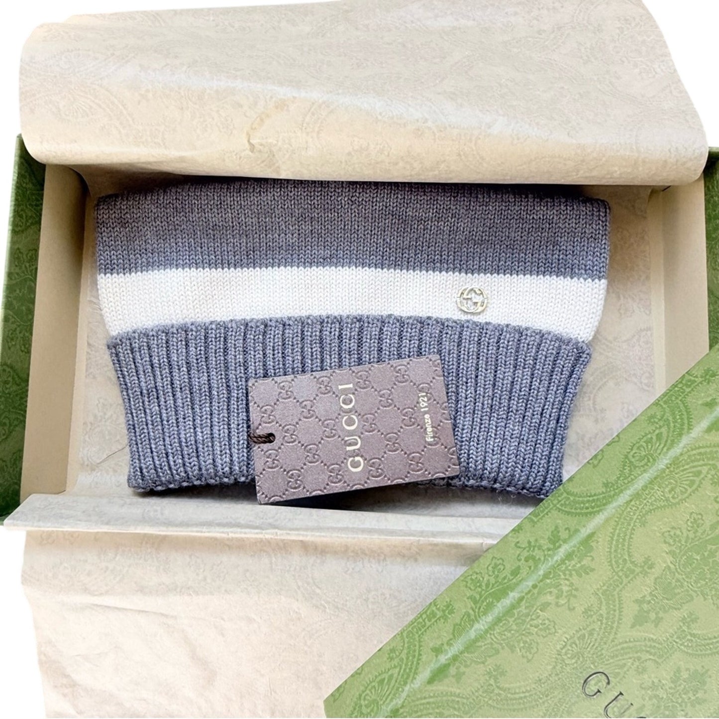 NWT & Box Gucci New Port Web Stripe Knit 100% Wool Beanie Hat Gray & White