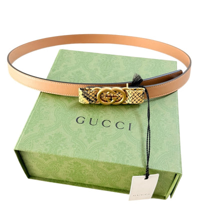 NWT & Box Gucci Beige Leather Belt with Python-Wrapped Interlocking G Buckle